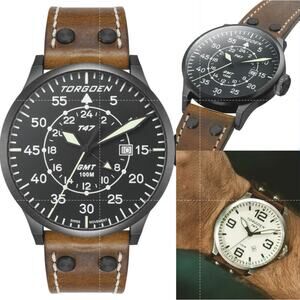 TORGOEN T47 TN-1210U Jumbo Black Sapphire GMT 47mm Brown Leather Strap New